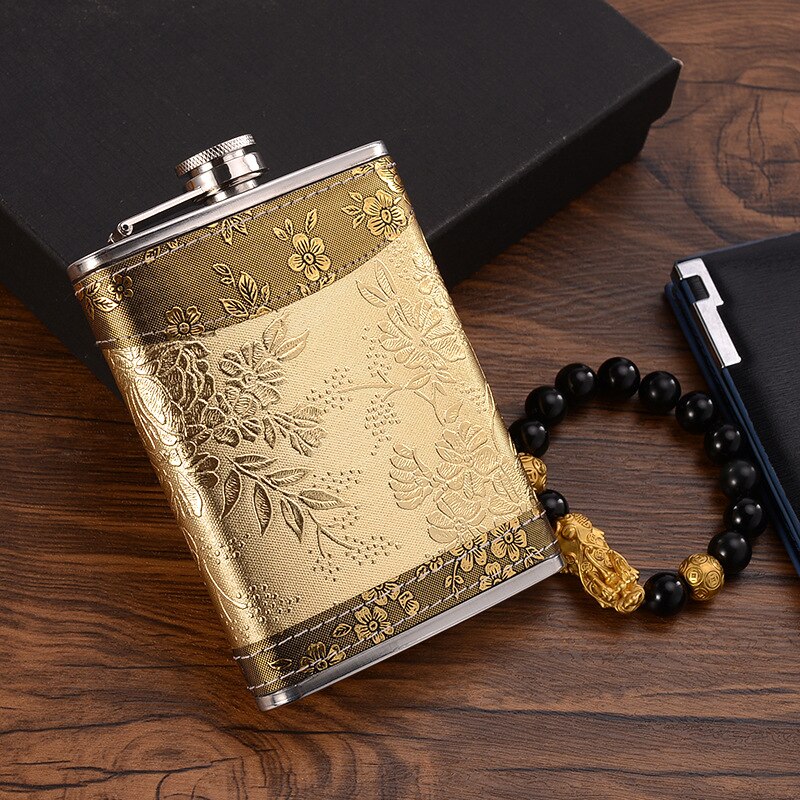 Sikunuo | 8oz Whisky Bottle made of Stainless Steel Alcohol Funnel Hip Flask Embroidered Golden Silk Fabric Packaging Gift Box Set