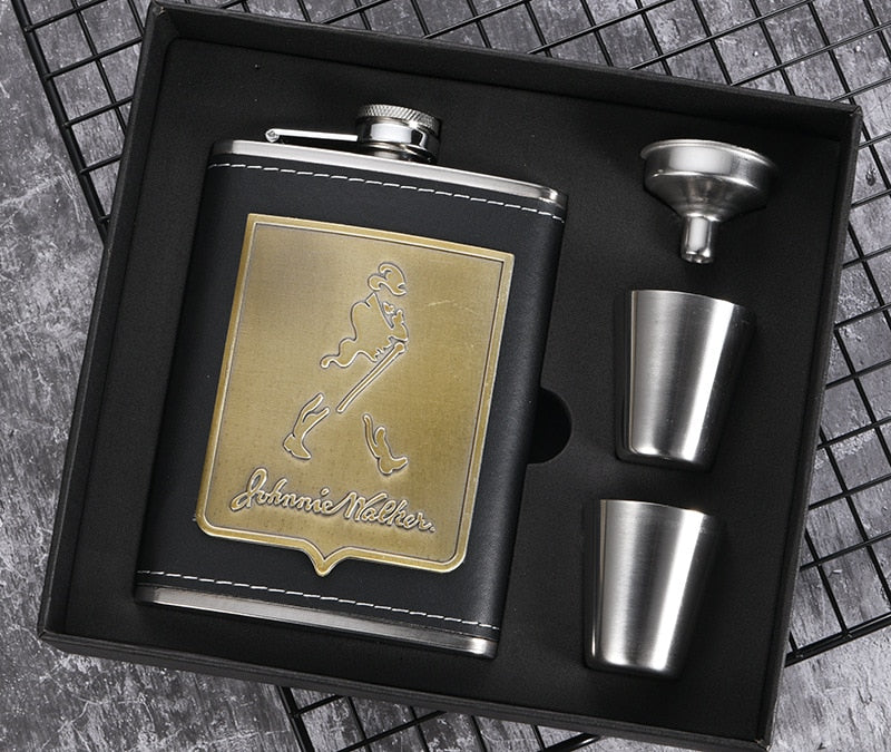 Sikunuo | 8oz Whisky Bottle made of Stainless Steel Alcohol Funnel Hip Flask Embroidered Golden Silk Fabric Packaging Gift Box Set