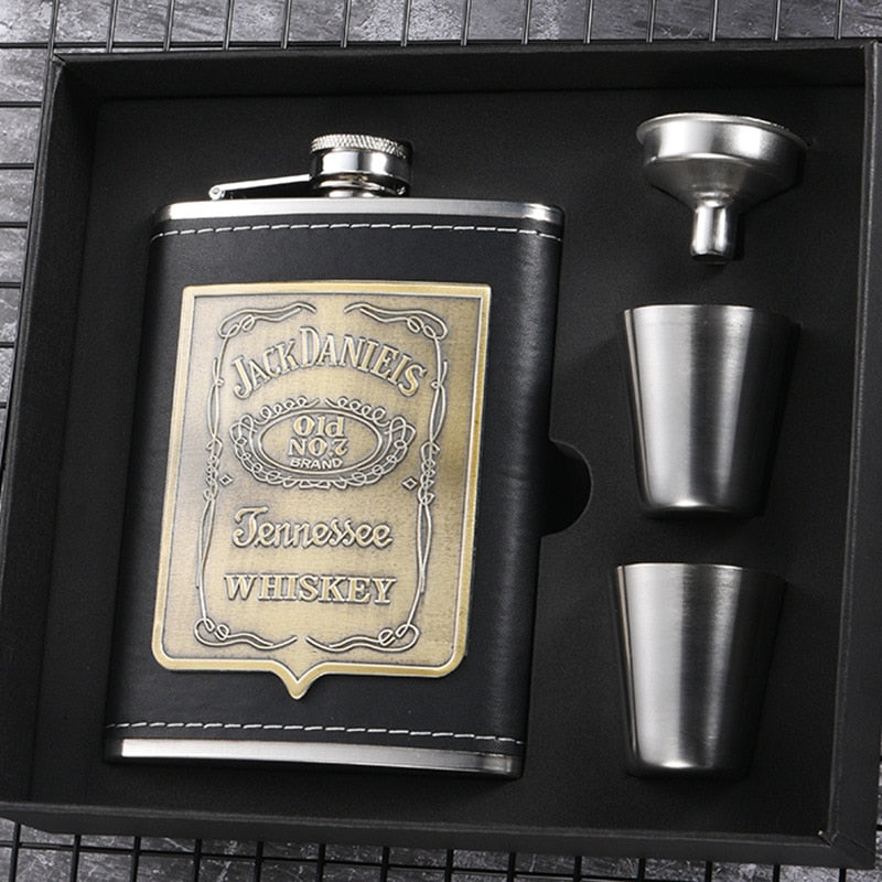 Sikunuo | 8oz Whisky Bottle made of Stainless Steel Alcohol Funnel Hip Flask Embroidered Golden Silk Fabric Packaging Gift Box Set