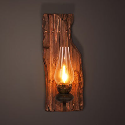 Sikunuo | Tear-shaped Clear Glass Wall Lamp Industrial Single Bulb Bedroom Wall Lamp with Wooden Backplate