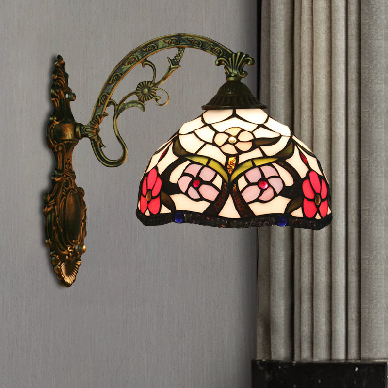 Sikunuo | Bronze 1-Light Wall Lighting Fixture Tiffany Cut Glass Peony Pattern Bowl Wall Mount Light