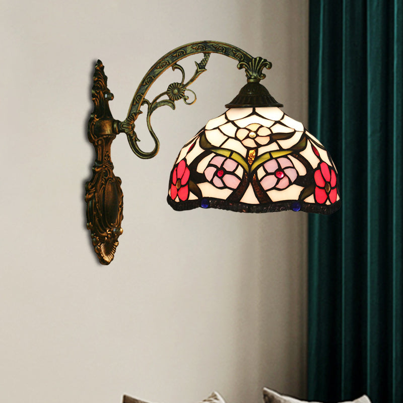 Sikunuo | Bronze 1-Light Wall Lighting Fixture Tiffany Cut Glass Peony Pattern Bowl Wall Mount Light