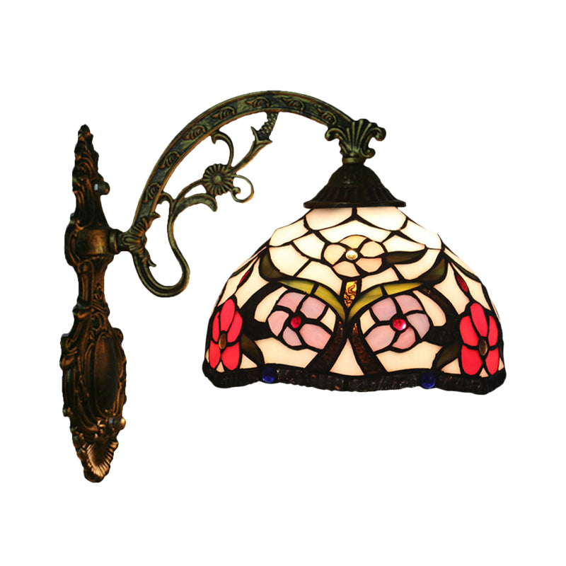 Sikunuo | Bronze 1-Light Wall Lighting Fixture Tiffany Cut Glass Peony Pattern Bowl Wall Mount Light