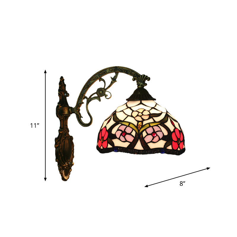 Sikunuo | Bronze 1-Light Wall Lighting Fixture Tiffany Cut Glass Peony Pattern Bowl Wall Mount Light