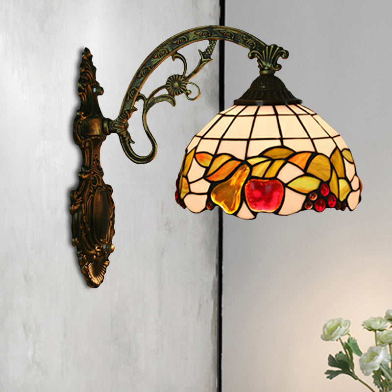 Sikunuo | Bowl Shade Wall Mounted Lamp Tiffany Hand Cut Glass 1 Light Bulb Bronze Wall Light with Fruit Pattern