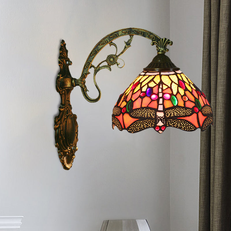 Sikunuo | 1-Head Bedroom Wall Mounted Lamp Tiffany Bronze Wall Light with Cone Dragonfly Pattern Glass Shade