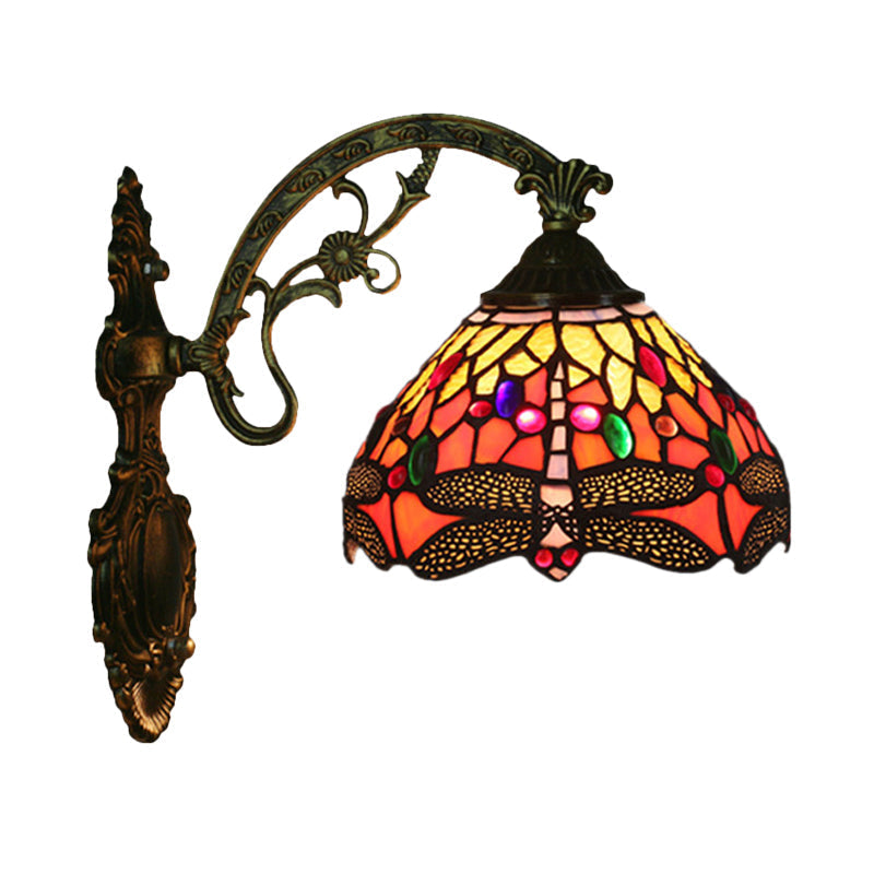 Sikunuo | 1-Head Bedroom Wall Mounted Lamp Tiffany Bronze Wall Light with Cone Dragonfly Pattern Glass Shade
