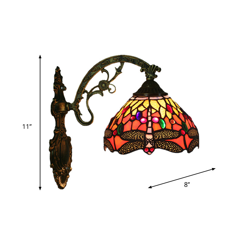 Sikunuo | 1-Head Bedroom Wall Mounted Lamp Tiffany Bronze Wall Light with Cone Dragonfly Pattern Glass Shade