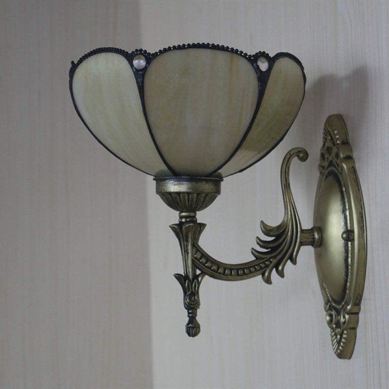 Sikunuo | Flower/Bowl Wall-Mounted Light Tiffany Beige/Yellow Glass 1-Bulb Bronze Finish Wall Switch Light