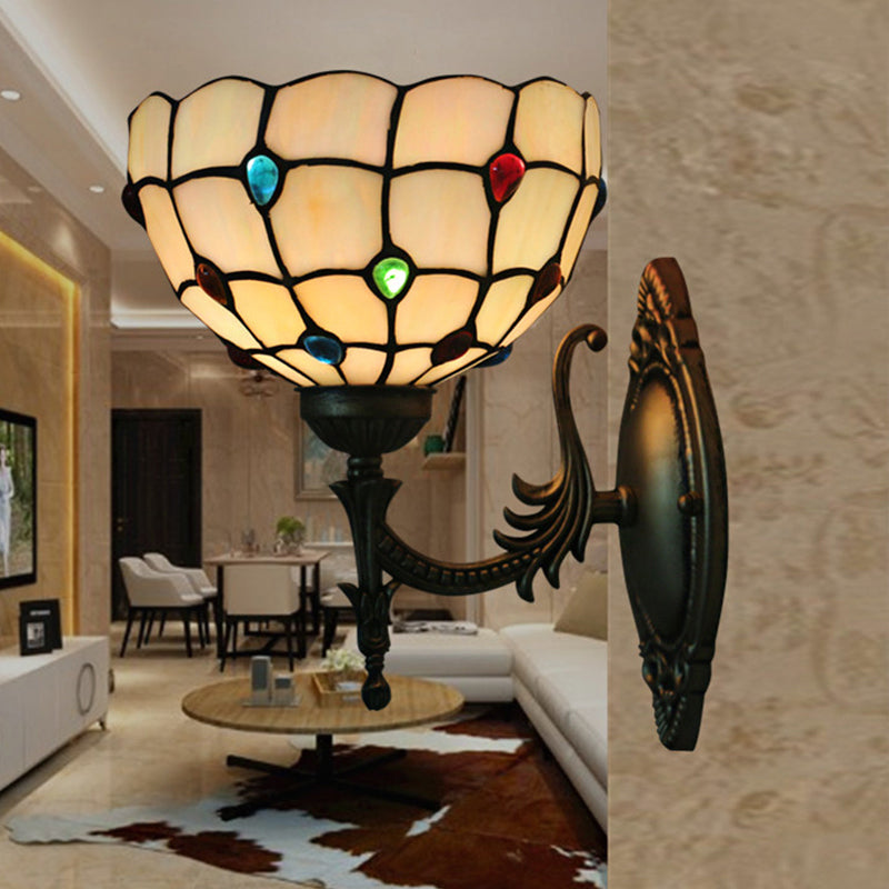 Sikunuo | Flower/Bowl Wall-Mounted Light Tiffany Beige/Yellow Glass 1-Bulb Bronze Finish Wall Switch Light