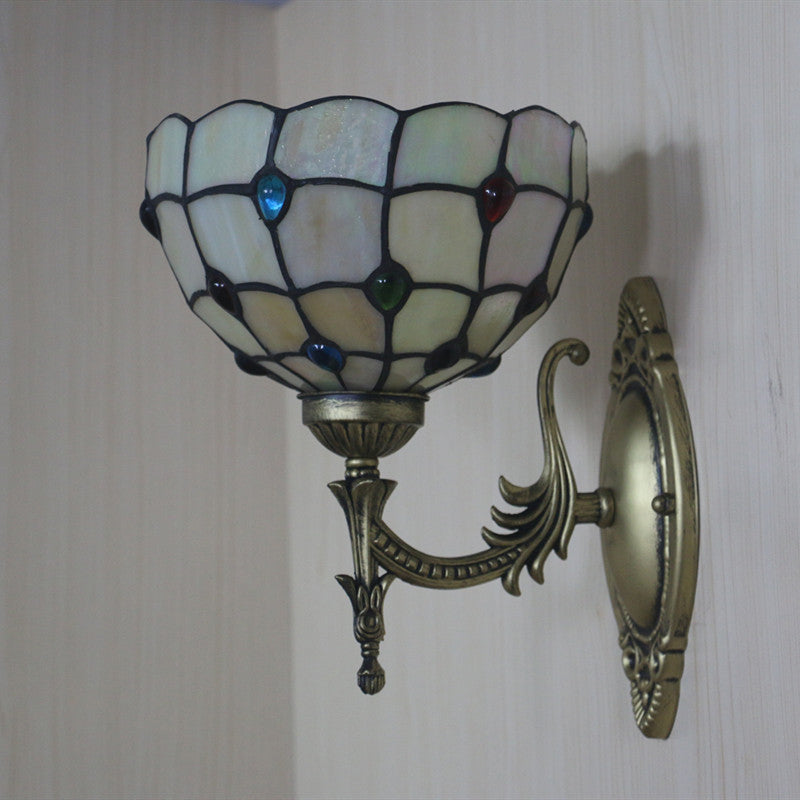 Sikunuo | Flower/Bowl Wall-Mounted Light Tiffany Beige/Yellow Glass 1-Bulb Bronze Finish Wall Switch Light