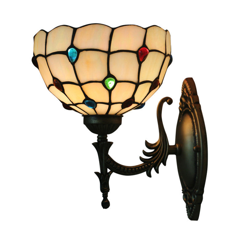 Sikunuo | Flower/Bowl Wall-Mounted Light Tiffany Beige/Yellow Glass 1-Bulb Bronze Finish Wall Switch Light
