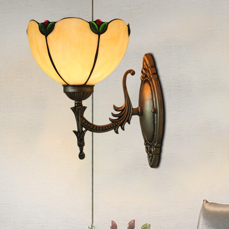 Sikunuo | Beige Glass Bud Wall Lamp Vintage 1 Head Brass Finish Wall Light Fixture for Bedroom