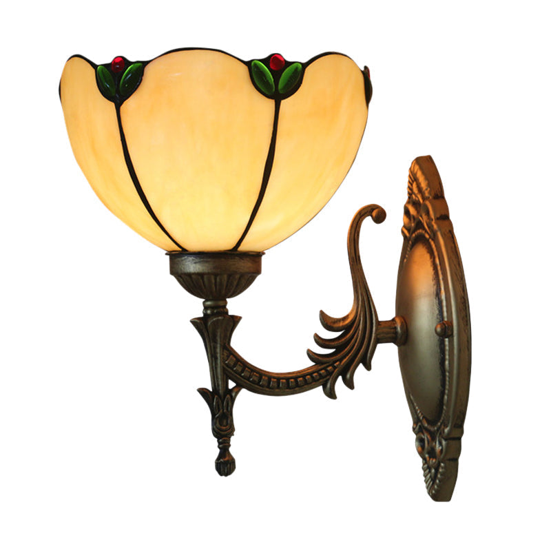 Sikunuo | Beige Glass Bud Wall Lamp Vintage 1 Head Brass Finish Wall Light Fixture for Bedroom