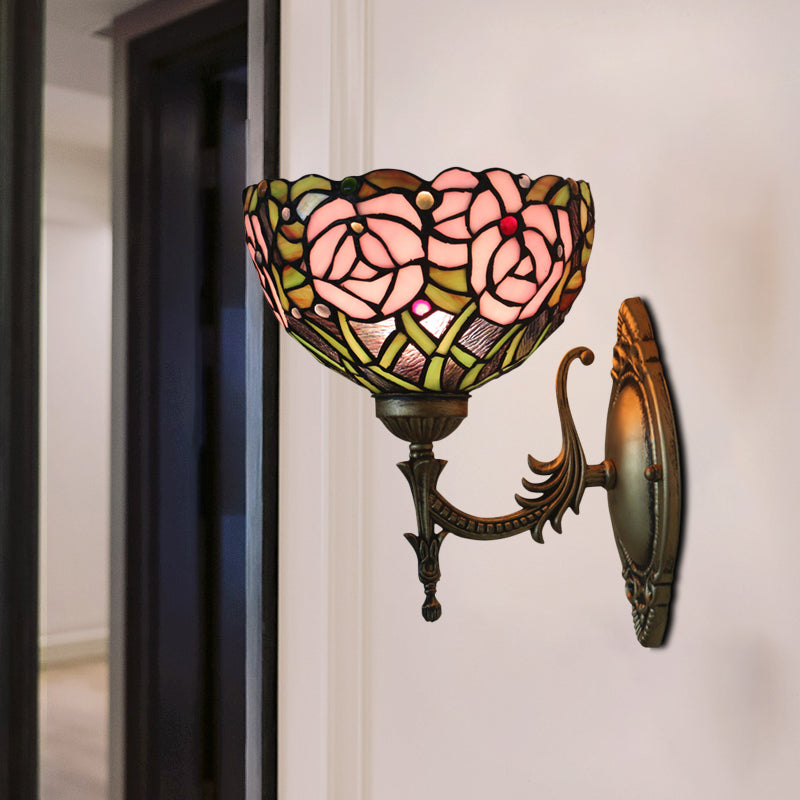 Sikunuo | Pink Wall Mounted Lighting Tiffany 1 Lamp Glazed Glass Wall Lamp with Bronze Engraved Arm