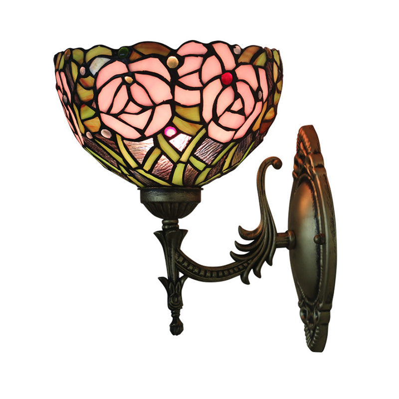 Sikunuo | Pink Wall Mounted Lighting Tiffany 1 Lamp Glazed Glass Wall Lamp with Bronze Engraved Arm