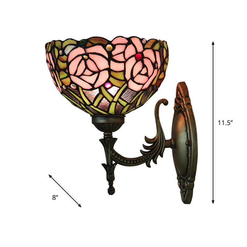 Sikunuo | Pink Wall Mounted Lighting Tiffany 1 Lamp Glazed Glass Wall Lamp with Bronze Engraved Arm