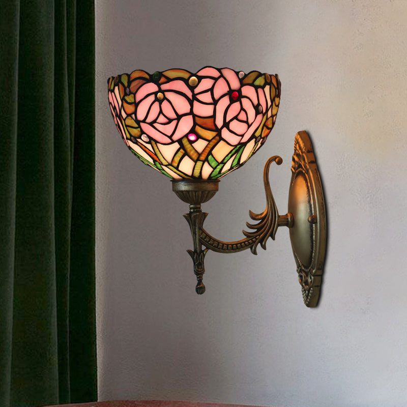 Sikunuo | Pink Wall Mounted Lighting Tiffany 1 Lamp Glazed Glass Wall Lamp with Bronze Engraved Arm