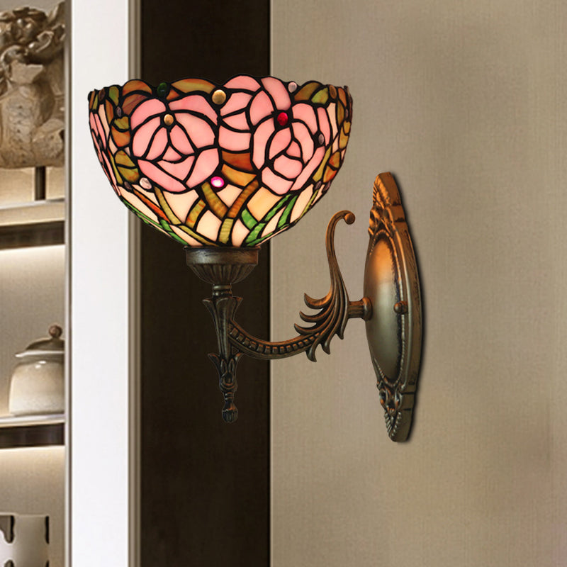 Sikunuo | Pink Wall Mounted Lighting Tiffany 1 Lamp Glazed Glass Wall Lamp with Bronze Engraved Arm