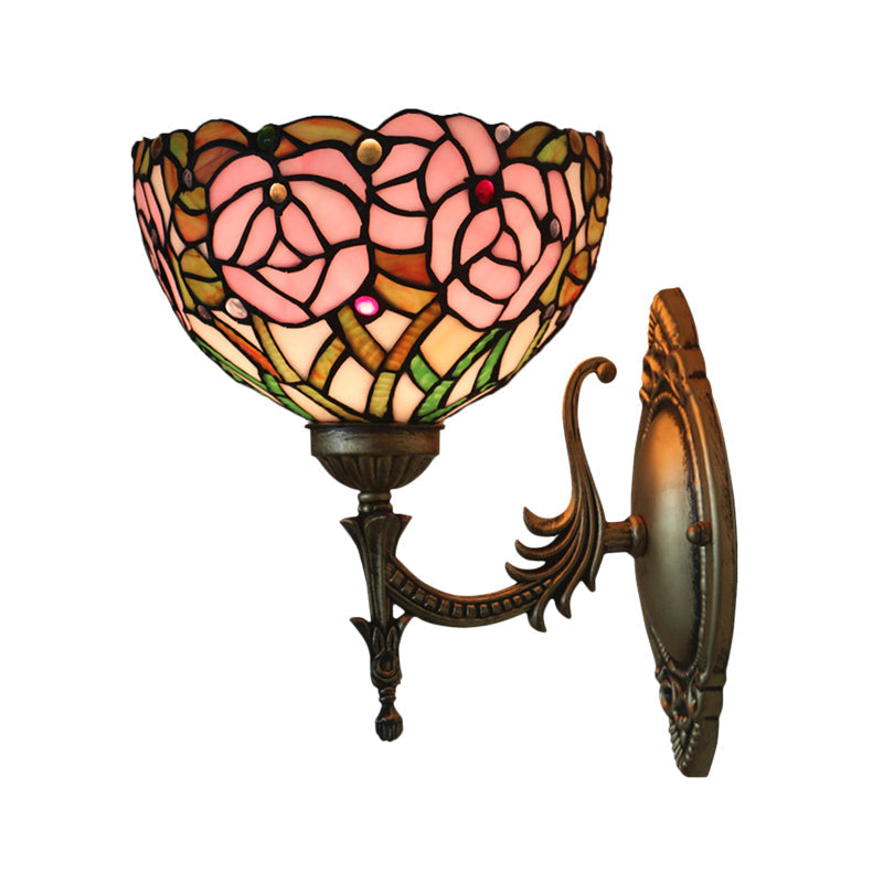 Sikunuo | Pink Wall Mounted Lighting Tiffany 1 Lamp Glazed Glass Wall Lamp with Bronze Engraved Arm