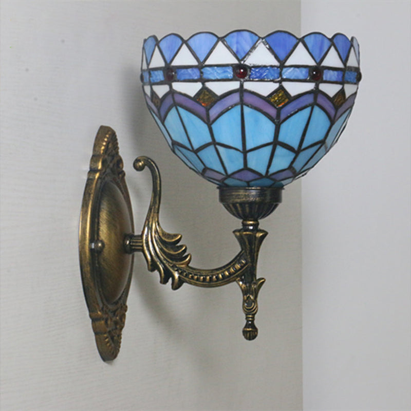 Sikunuo | 1-Light Bedroom Wall Light Mediterranean Bronze Wall Sconce Fixture with Bowl Blue Glass Shade