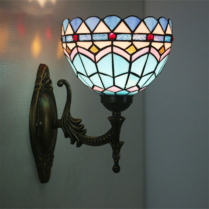 Sikunuo | 1-Light Bedroom Wall Light Mediterranean Bronze Wall Sconce Fixture with Bowl Blue Glass Shade