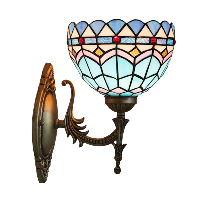 Sikunuo | 1-Light Bedroom Wall Light Mediterranean Bronze Wall Sconce Fixture with Bowl Blue Glass Shade