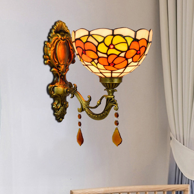 Sikunuo | Leaf Pattern Bowl Stained Glass Wall Lamp Tiffany 1 Head Orange/Purple/Red Wall Mount