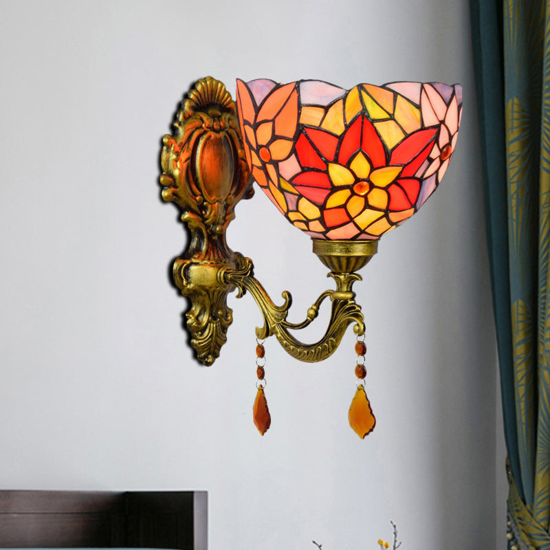 Sikunuo | Leaf Pattern Bowl Stained Glass Wall Lamp Tiffany 1 Head Orange/Purple/Red Wall Mount