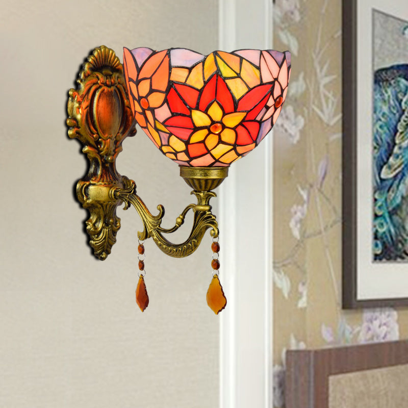 Sikunuo | Leaf Pattern Bowl Stained Glass Wall Lamp Tiffany 1 Head Orange/Purple/Red Wall Mount