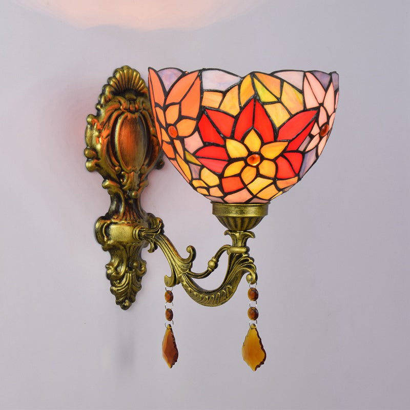 Sikunuo | Leaf Pattern Bowl Stained Glass Wall Lamp Tiffany 1 Head Orange/Purple/Red Wall Mount