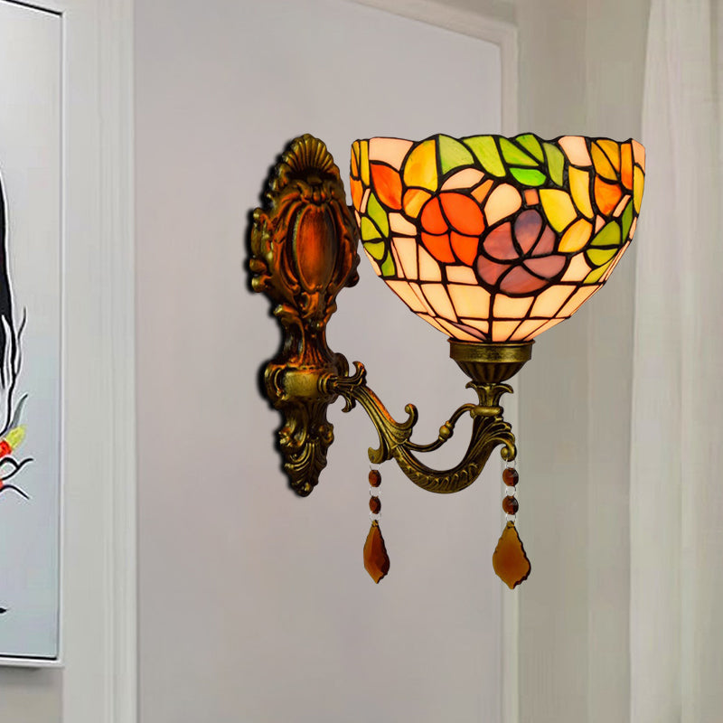 Sikunuo | Leaf Pattern Bowl Stained Glass Wall Lamp Tiffany 1 Head Orange/Purple/Red Wall Mount