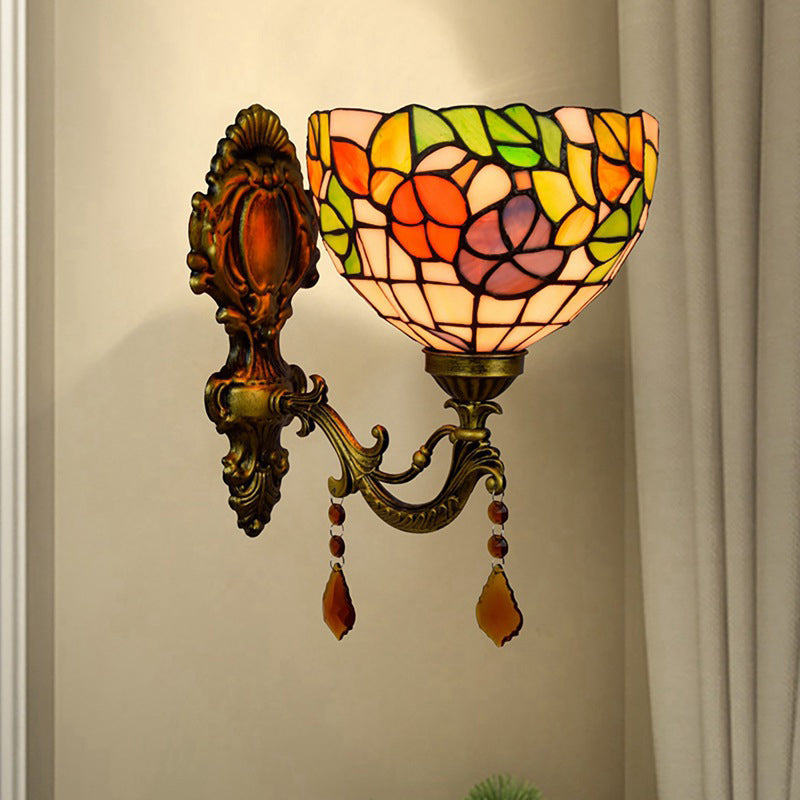Sikunuo | Leaf Pattern Bowl Stained Glass Wall Lamp Tiffany 1 Head Orange/Purple/Red Wall Mount
