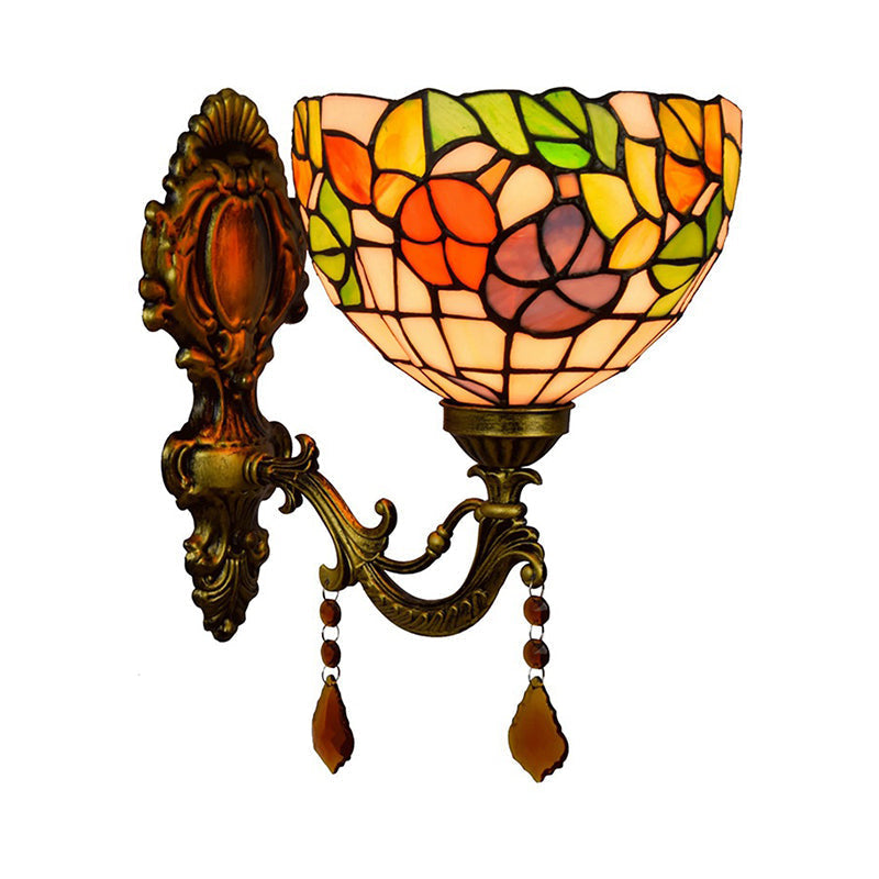 Sikunuo | Leaf Pattern Bowl Stained Glass Wall Lamp Tiffany 1 Head Orange/Purple/Red Wall Mount
