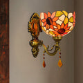 Sikunuo | Sheepflower Pattern Dome Wall Lamp 1 Bulb Cut Glass Tiffany Wall Lighting Fixture with Brass Curved Arm