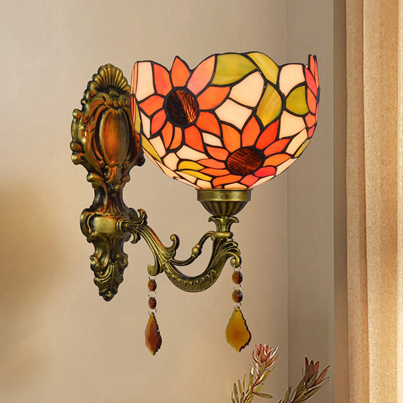 Sikunuo | Sheepflower Pattern Dome Wall Lamp 1 Bulb Cut Glass Tiffany Wall Lighting Fixture with Brass Curved Arm
