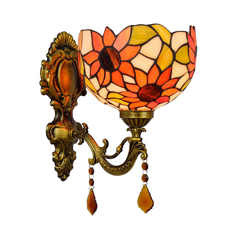 Sikunuo | Sheepflower Pattern Dome Wall Lamp 1 Bulb Cut Glass Tiffany Wall Lighting Fixture with Brass Curved Arm