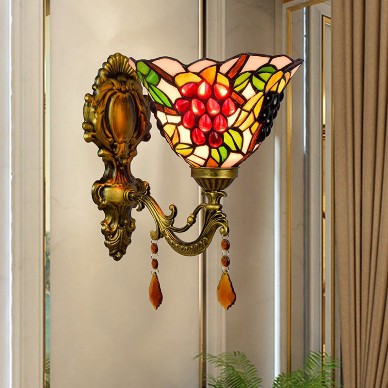 Sikunuo | Single-Bulb Wall Sconces Tiffany Flared Stained Glass Wall Mount Light with Grape Pattern in Brass