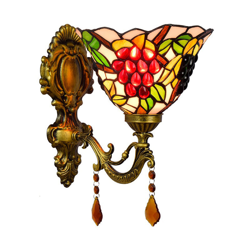 Sikunuo | Single-Bulb Wall Sconces Tiffany Flared Stained Glass Wall Mount Light with Grape Pattern in Brass