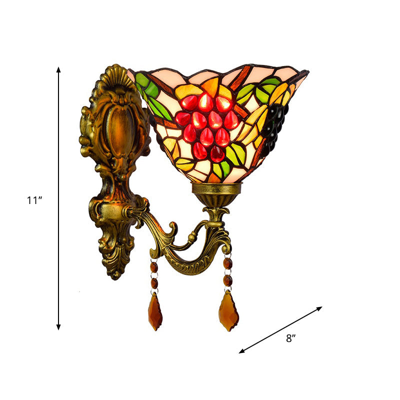 Sikunuo | Single-Bulb Wall Sconces Tiffany Flared Stained Glass Wall Mount Light with Grape Pattern in Brass