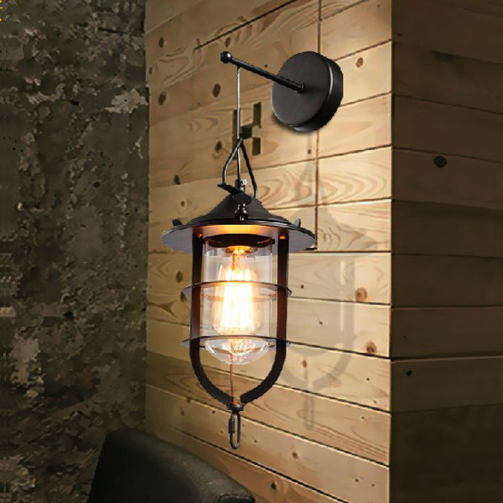 Sikunuo | 1 Bulb Cage Wall-Mounted Light Fixture Industrial Black Clear Glass Lighting for Porch