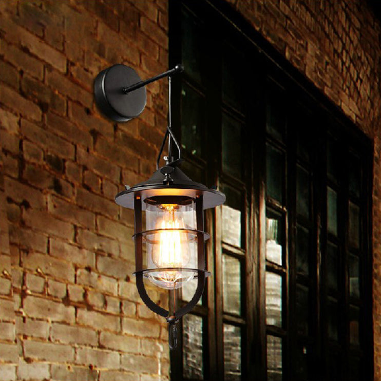 Sikunuo | 1 Bulb Cage Wall-Mounted Light Fixture Industrial Black Clear Glass Lighting for Porch