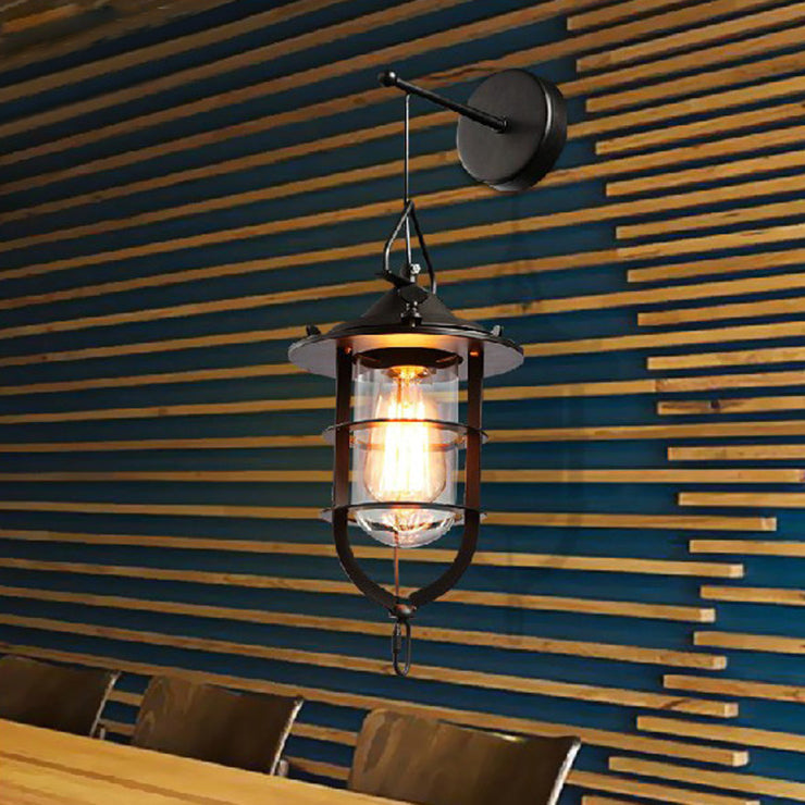 Sikunuo | 1 Bulb Cage Wall-Mounted Light Fixture Industrial Black Clear Glass Lighting for Porch