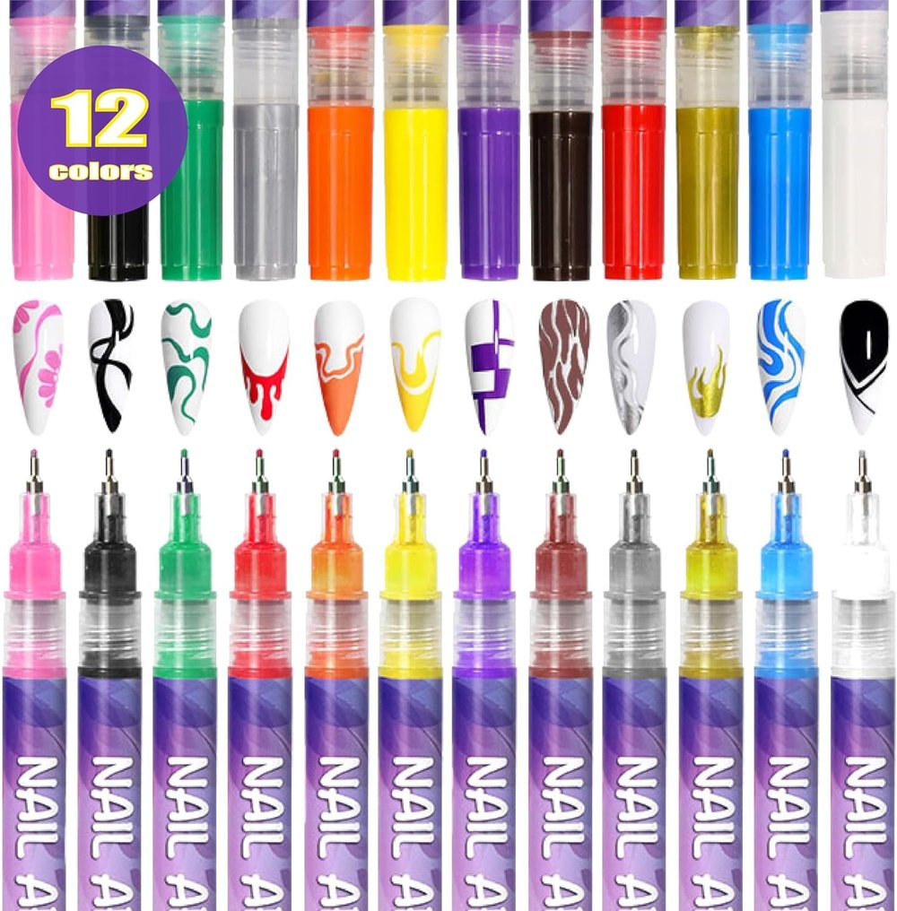 Sikunuo | 12 Colors Nail Art Pens — Acrylic Nail Design Set with Fine Tip