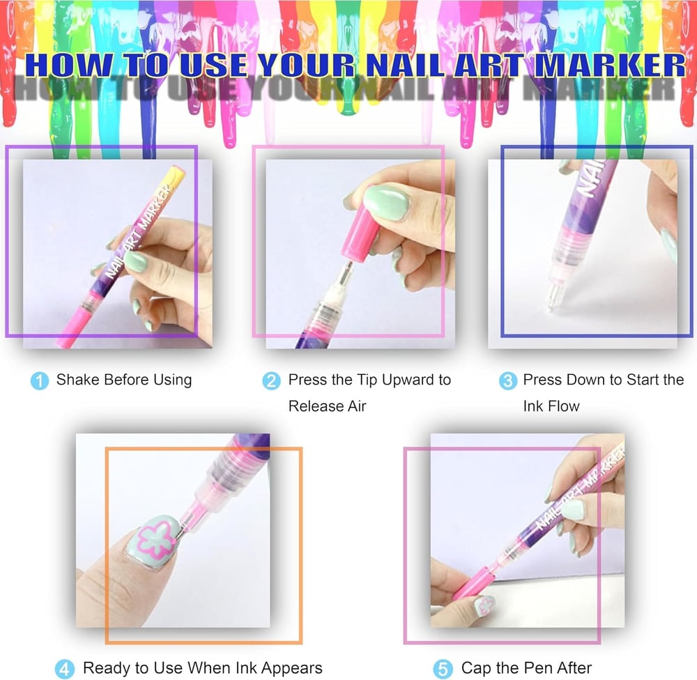 Sikunuo | 12 Colors Nail Art Pens — Acrylic Nail Design Set with Fine Tip