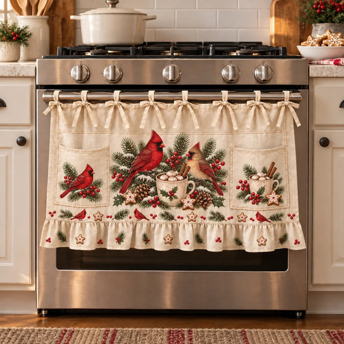 Christmas Kitchen Tie-On Skirt with Pockets & Ruffled Trim