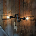 Sikunuo | Black Wire Frame Wall Light with Pipe Rustic Metal 2 Lights Restaurant Wall Light Light