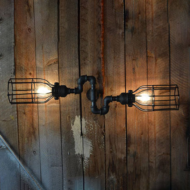 Sikunuo | Black Wire Frame Wall Light with Pipe Rustic Metal 2 Lights Restaurant Wall Light Light
