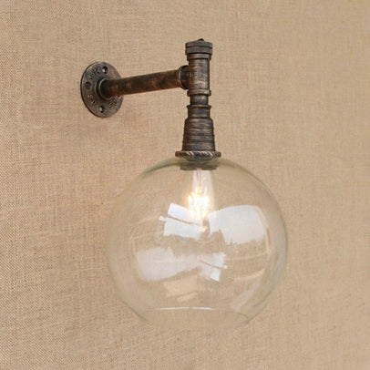 Sikunuo | Iron bronze wall lamp fixture pipe 1 head antique style wall mount light with global glass shade, 8"/12" wide