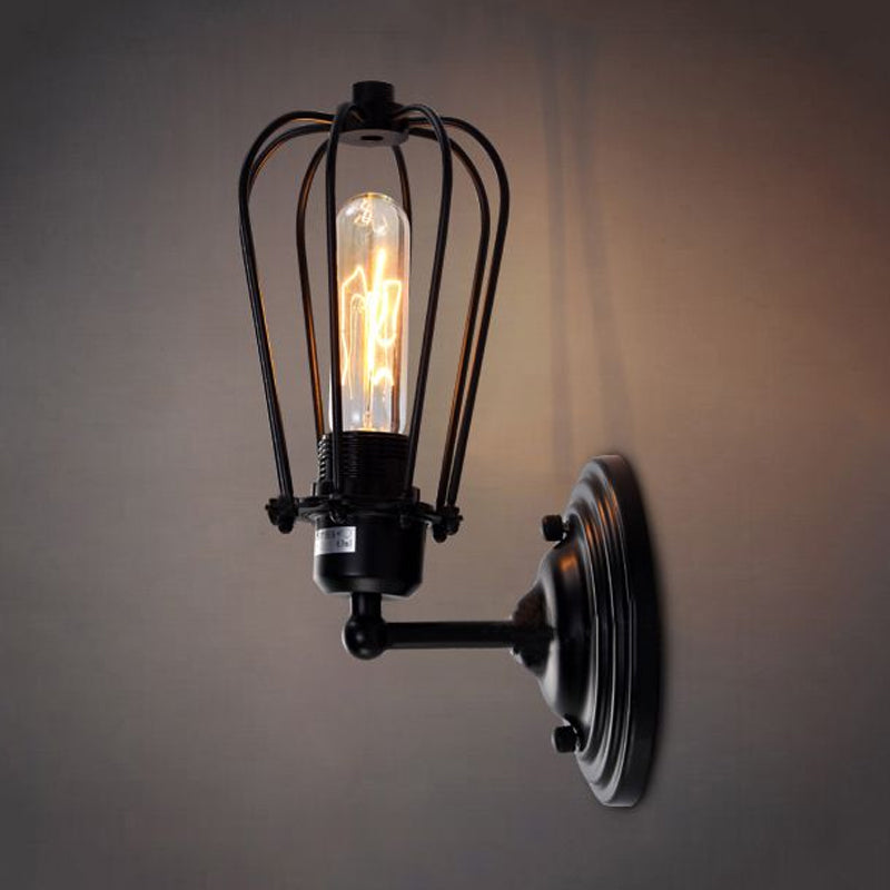 Sikunuo | 1 Light Mini Wall Lamp Wall Bracket with Wire Frame Industrial Black Iron Wall Mount Lamp for Hallway